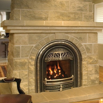 Stone hearth open fireplace